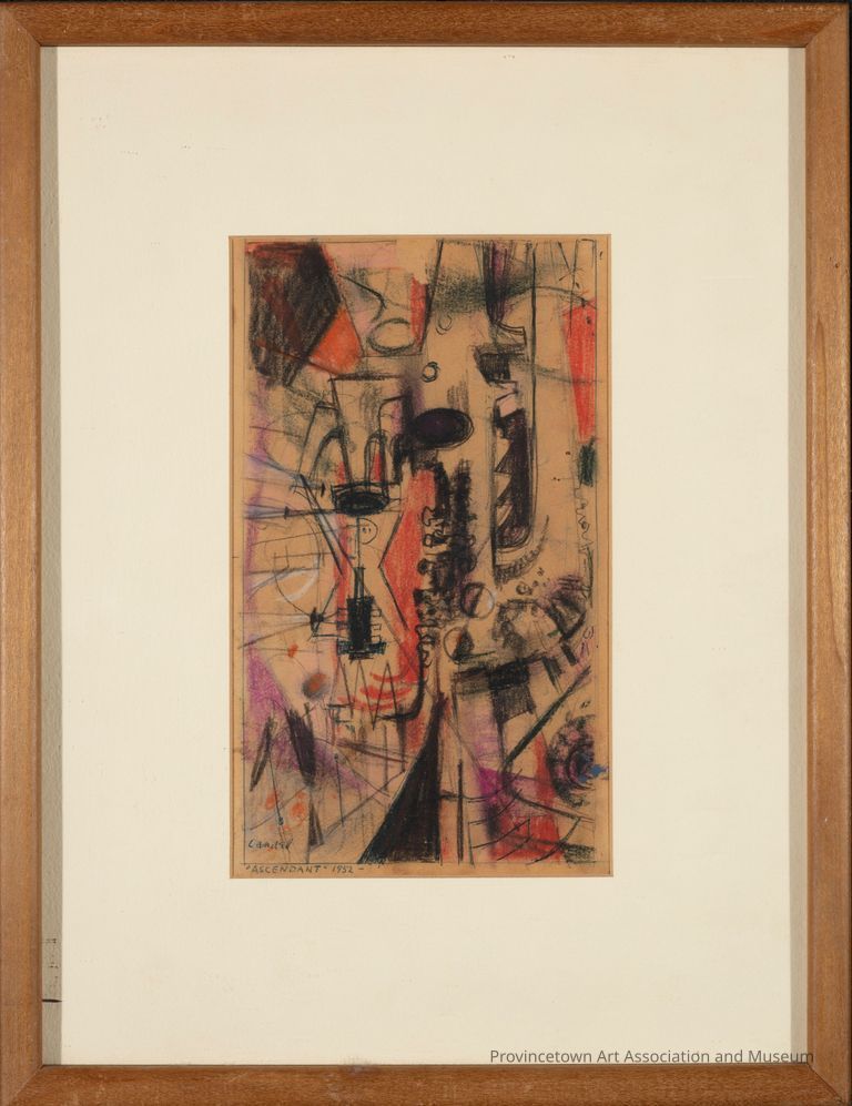 An abstract drawing on paper. Black markings are accompanied by red, purple, white, and blue.