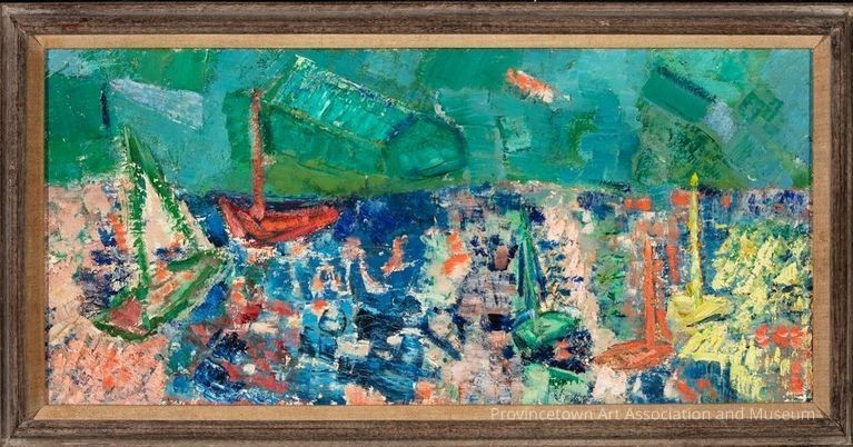Colorful abstract scene of multi-colored sailboats on the water. Turquoise sky. Colorful waters reflecting the various colors of the boats.