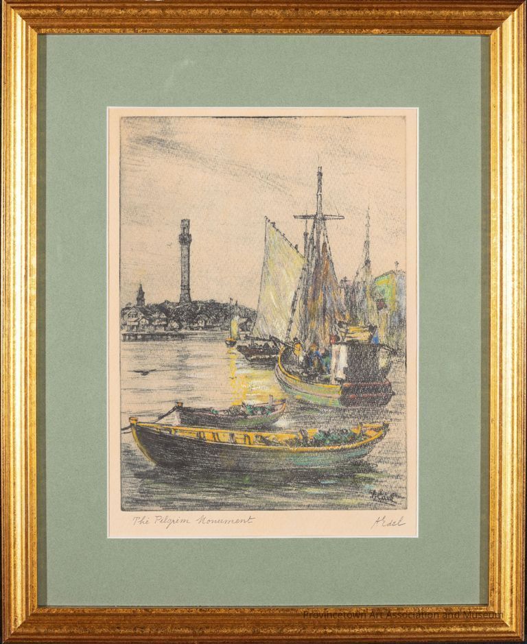 Black and white, hand-colored etching, with yellow and green details. Features The Pilgrim Monument. In the foreground, Provincetown harbor  cluttered with fishing boats and dinghies returning to the wharf.