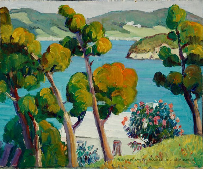 Trees in front of white house, ocean and mountains