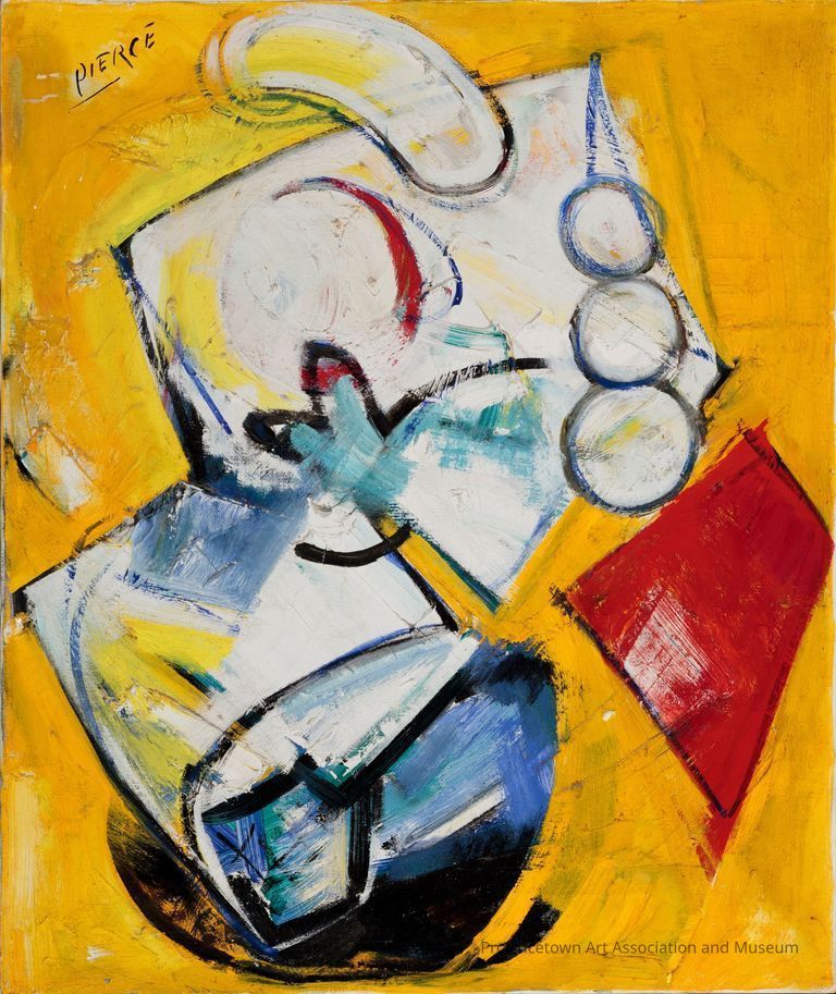 White blue red abstract and geometric shapes on yellow background