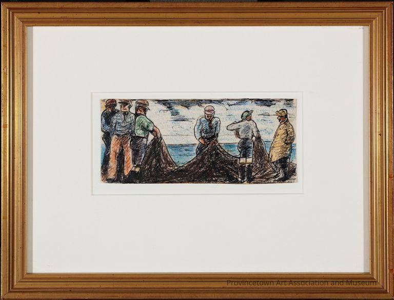Five fisherman carry a fishing net, as a captain in yellow weather gear watches over the labor. In the background, the ocean stretches across the scene, meeting the clouds of an overcast sky.