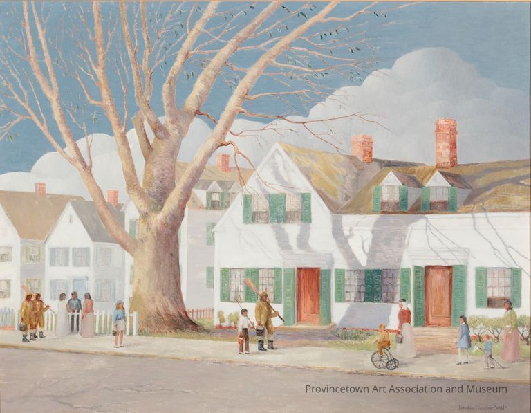 Street scene, large tree, white houses with teal shutters, people walking along the street