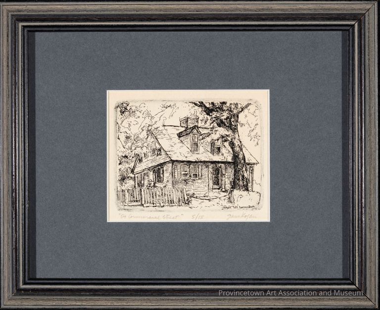 An etching of a classic Cape Cod cottage, nestled behind a tall tree and picket fence at 54 Commercial Street, Provincetown.