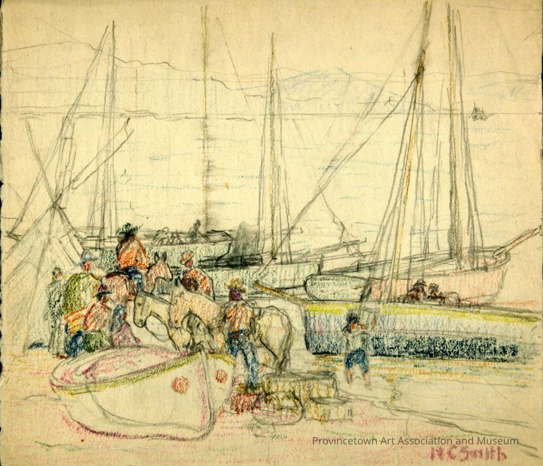 People working on boats at the shore