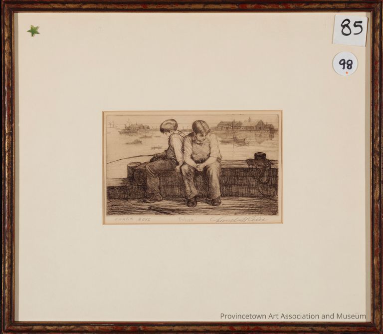 Two boys sit on the edge wall of a wharf. One with a fishing pole in hand, the other waiting his turn. In the background, across the water, is a fishing town cluttered with boats and buildings.
