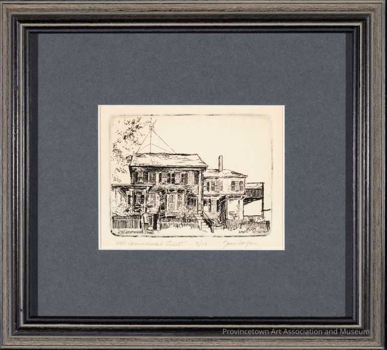 A black and white etching highlighting the home located at 240 Commercial Street in Provincetown.