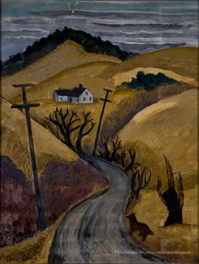 Gloomy winter scene with winding road, dunes, and house in the distance