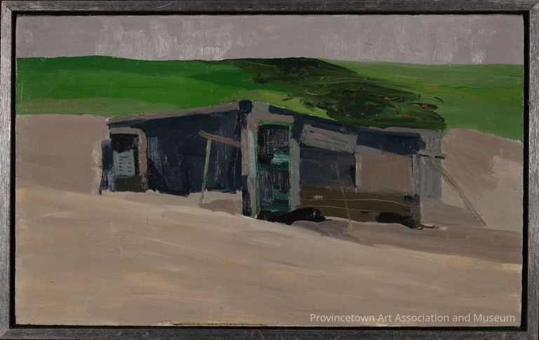 Shack nestled in the sand, with green hills in the background under a gray sky