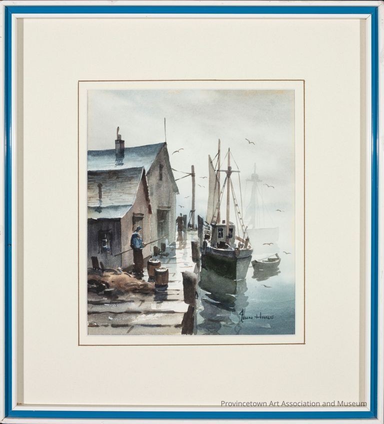 Through the fog, fishing boats return to the dock. A man waits for the cargo by the fishing shacks.