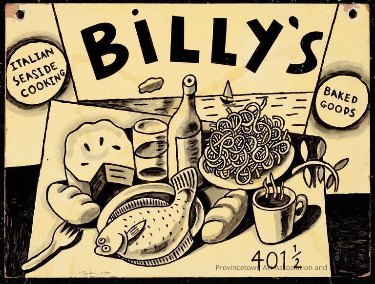 Restaurant sign, "Billy's" "Italian Seaside Cooking" and "Baked Goods", table with food (fish, bread, pie, pasta), cup of coffee, wine bottle, glass