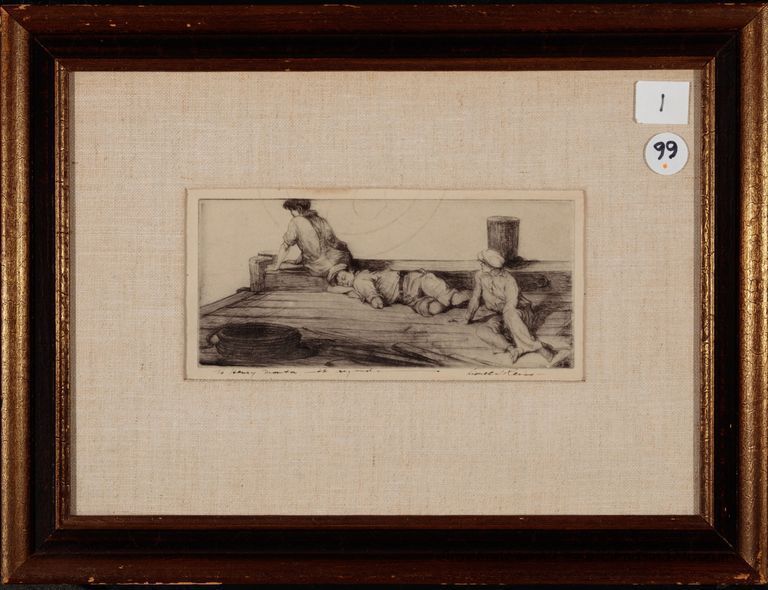 Etching of three boys on a wharf. Two sitting alert as the third sleeps on the bare wood. Rope and wood planks in the foreground. The background is a blank white.
