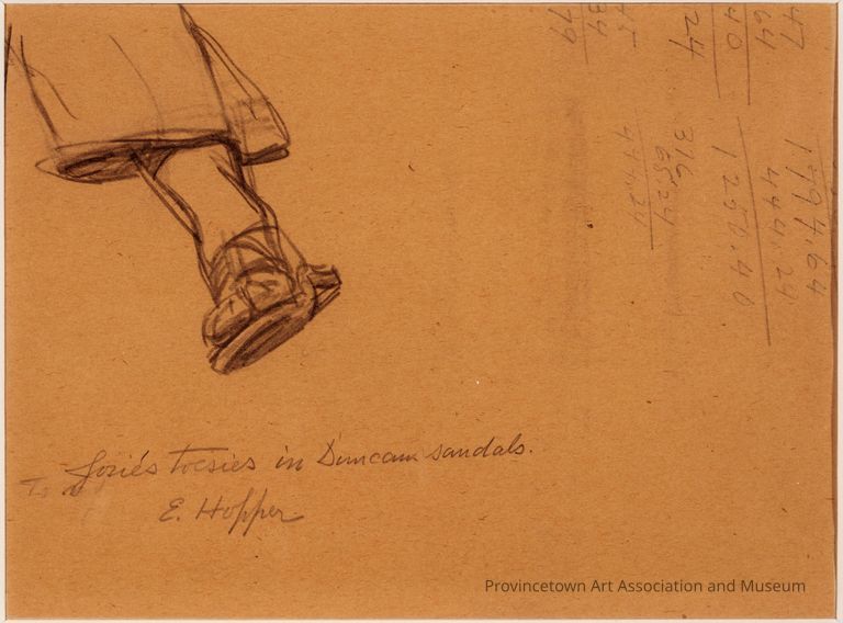 Recto: Untitled (sketch of foot in sandal, inscribed "Josie's toesies in Duncan sandals")