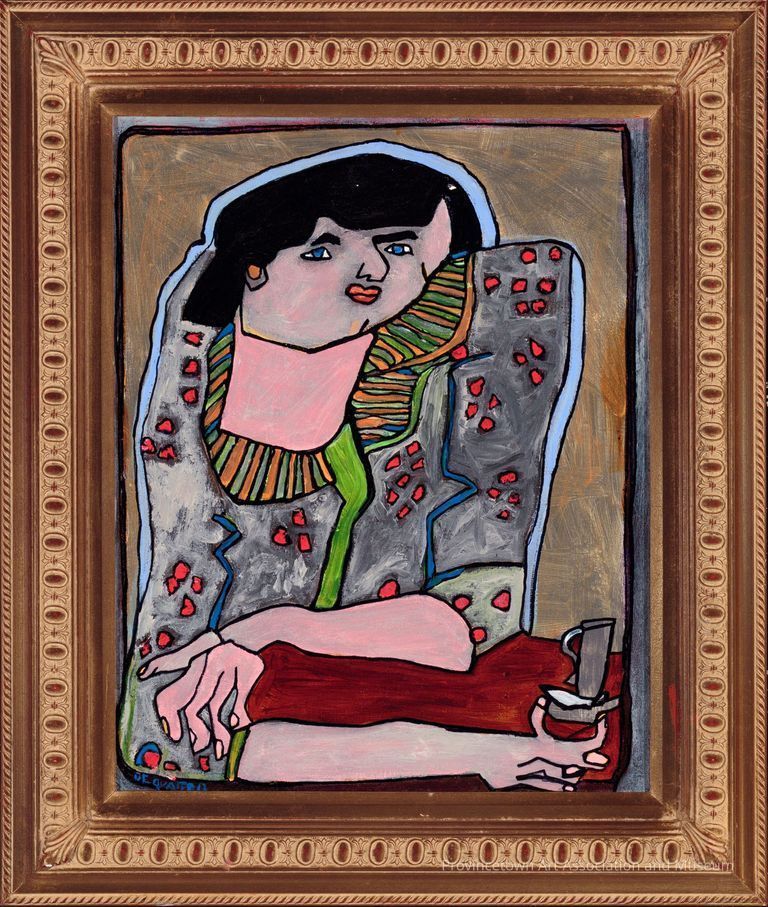 Distorted portrait of a woman with black hair and red spotted jacket, sitting at red table