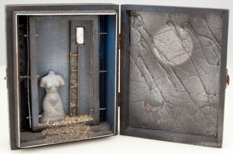 Hinged box, scene with small ladder and female torso sculpture inside