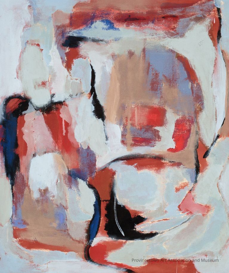 Mostly white with red and blue abstract strokes