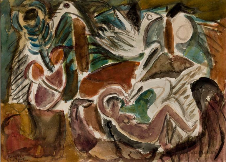 Floating figures: nude, birds, fish