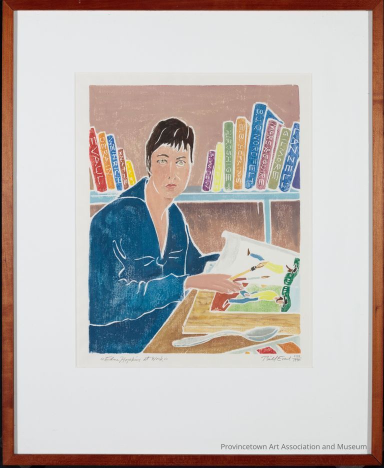 Colorful white lined woodblock print of a dark haired woman, Edna Hopkins, reading at a kitchen table with a bookshelf in the background.