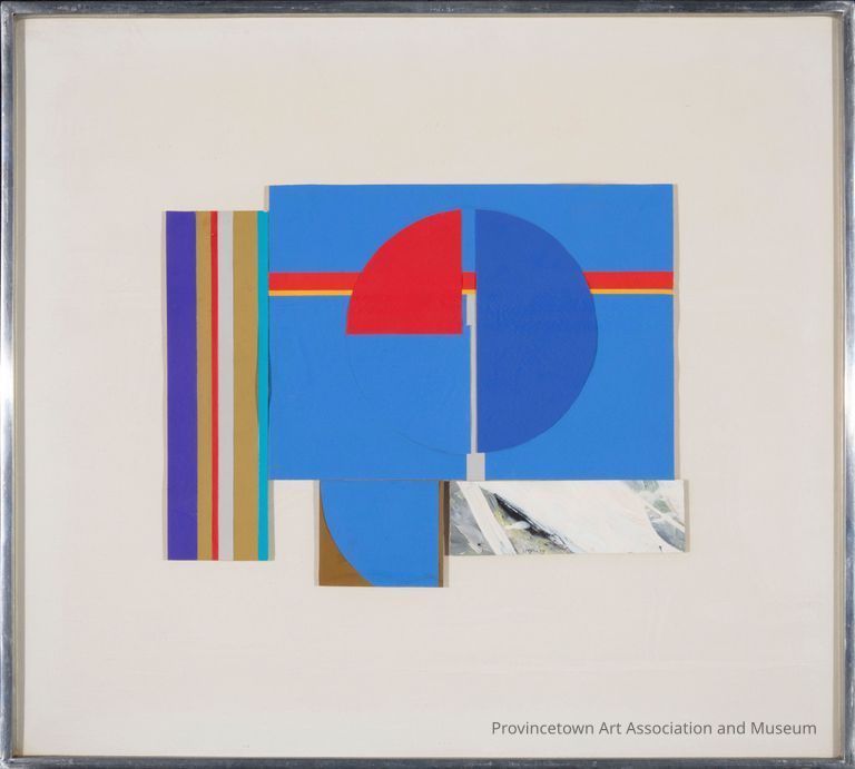 Geometric, colorful collage. Blue rectangle at the center with a red and yellow lines running horizontally through it. A deconstructed circle, one quarter red and the rest blue at the center of the blue rectangle. Vertical lines to the left.