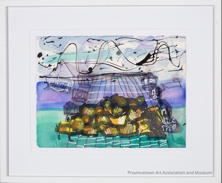 Abstract composition with painted shapes in green, orange, and purple