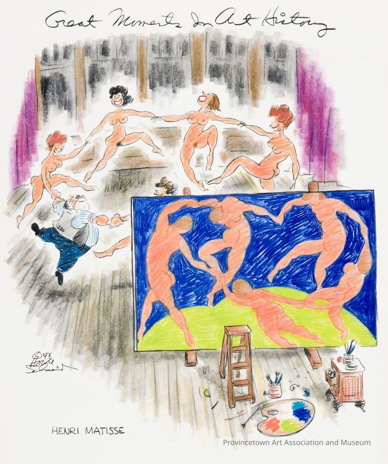 Cartoon of artist Henri Matisse dancing in a circle with nude women, in front of reproduction of Matisse's painting