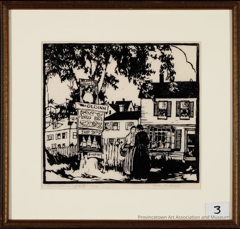Woodblock print depicting two women gossiping on the streets of Provincetown. Signs for an Old Inn, Hooked Rugs, a Ship Shop, and books hang from a tree trunk. Homes and businesses line the street in the background.
