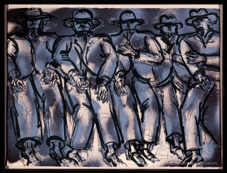 5 men in hats, toned in blue