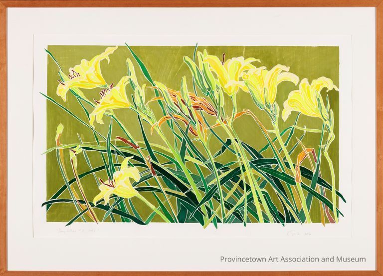 On a dull chartreuse background, vibrant yellow daylillies bask in the sun. Intertwined among green steams and leaves, once vital flowers wilt and brown as they pass.