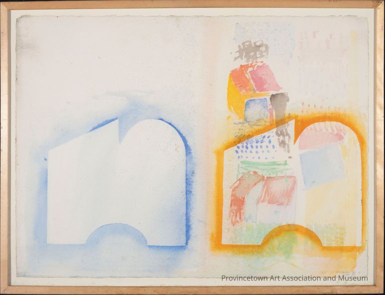 Abstract rendering of buildings with blue, orange, and red muted colors