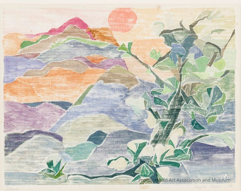 White line woodblock print of colorful dunes and vegetation