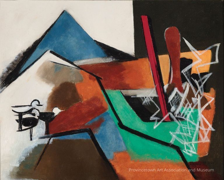 Abstract geometric composition with three seagulls