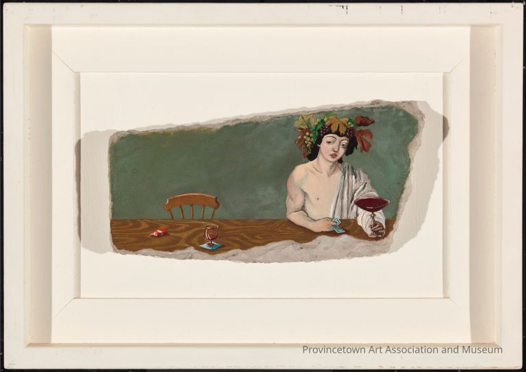 Roman god Bacchus (Dionysus) with wreath crown sitting at a table with a glass of red wine, next to empty chair