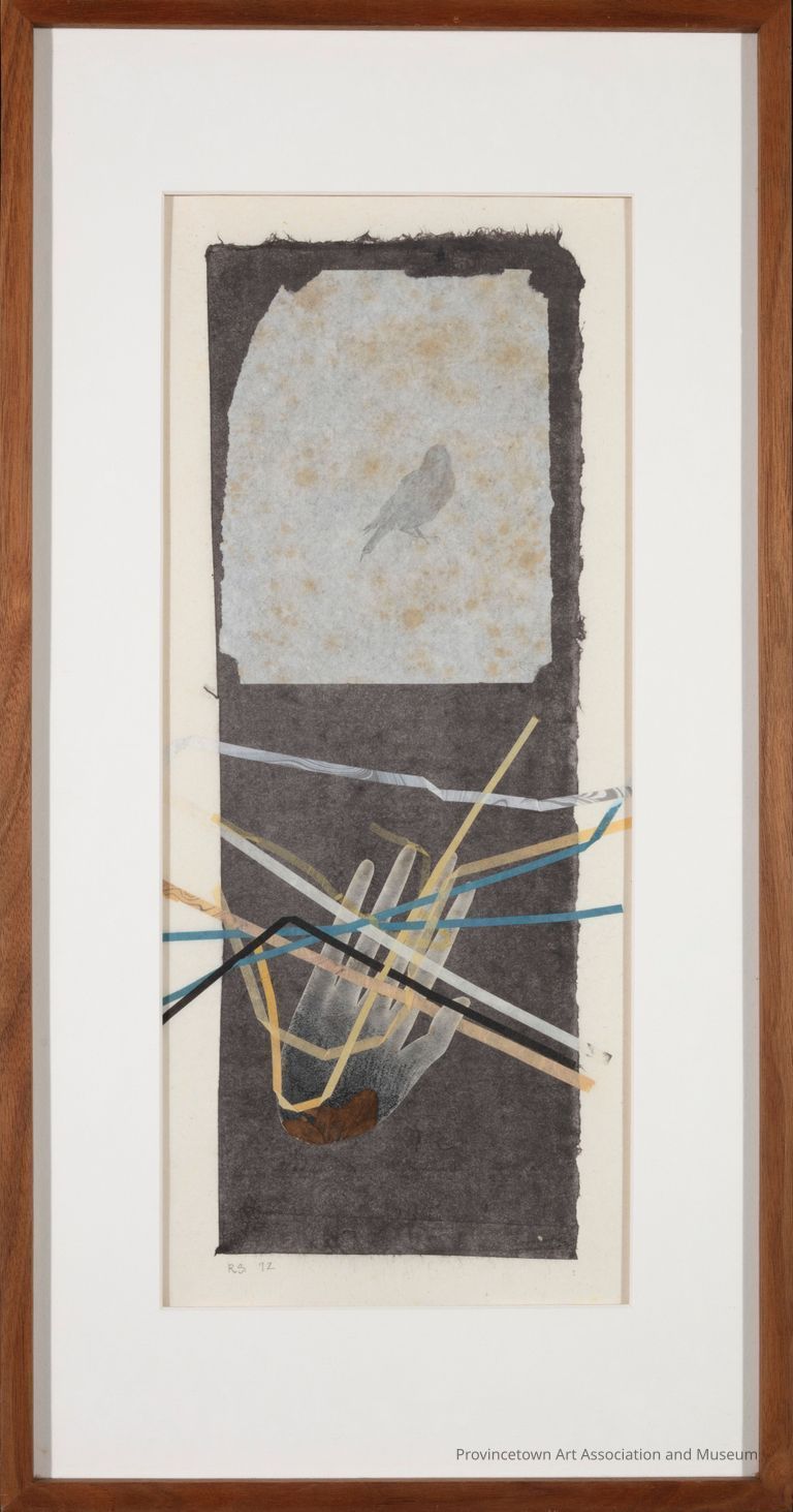 Collage with a black background. Gradient, white to black, handprint at the bottom. folded ribbons overlap the handprint. At the top there is a white piece of paper with the silhouette of a bird.