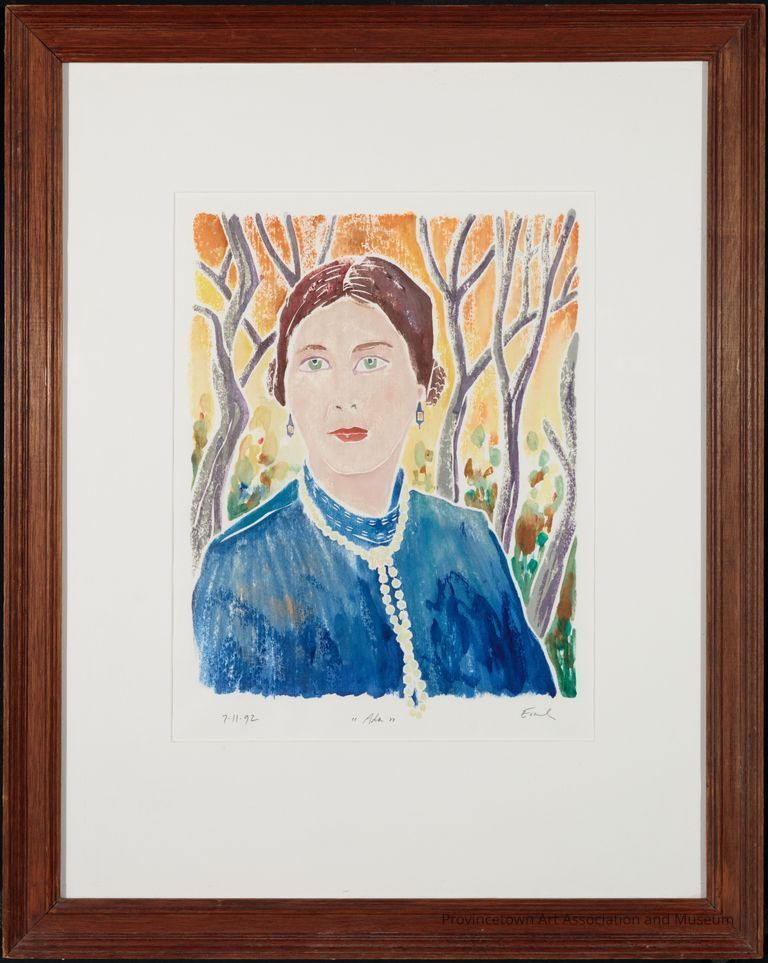 Colorful white line woodblock print of a brown haired woman, Ada, in a blue top and a string of pearls. Trees and an orange sky in the background.