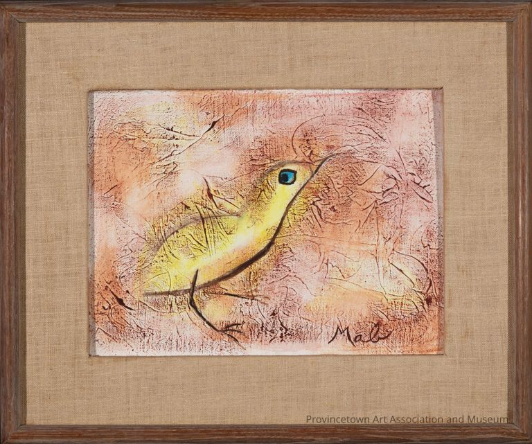 Yellow bird with a blue eye. Brown printed texture.