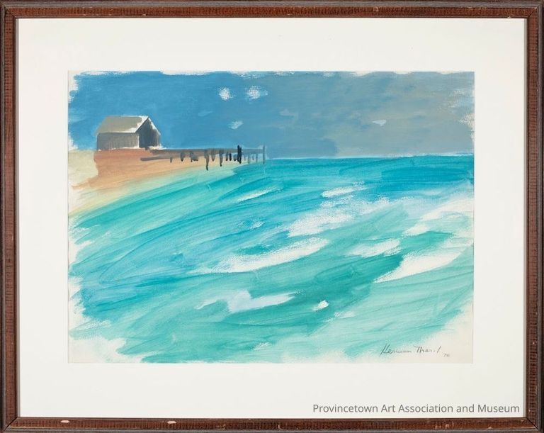A watercolor seascape. Choppy waters crashing on a distant pier. A blue sky shifting to gray as the weather turns.