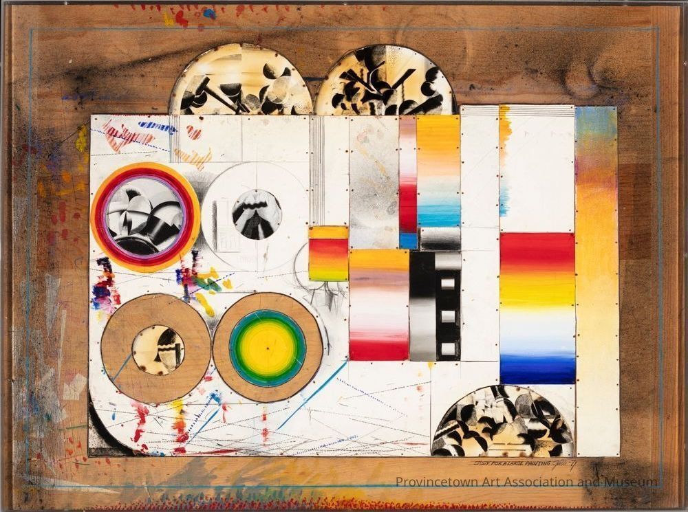 This mixed media piece features a variety of colorful shapes and designs. Circles, with gradient and patterned centers take up the left side of the piece. Repeating rectangles with both color and black and white gradients, mimicking color bars, take up the right side. On white paper, the designs are adhered to wood panel.