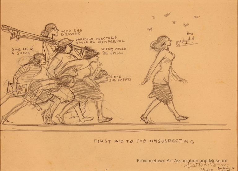 A group of people, secretly scheming, follows a confident woman walking ahead, oblivious to them