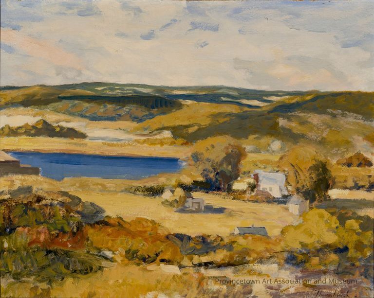 Landscape of Truro(?) from hill, lake, and houses