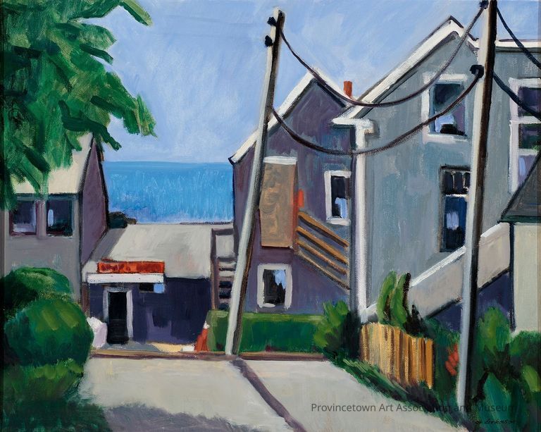 View down Bangs Street of the Beachcombers Club and next-door buildings, phone lines