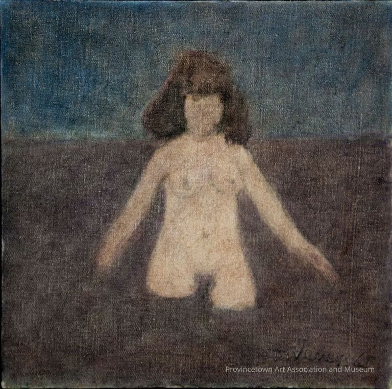 Nude woman bathing in brown and blue