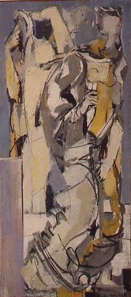 2 abstract human figures, in yellows and grays