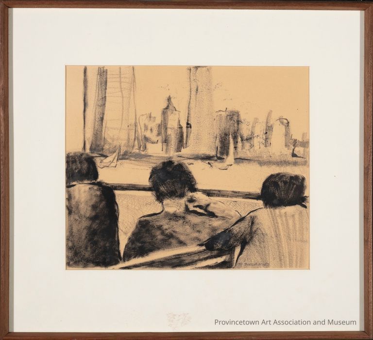 Monoprint of three peoples' back profiles looking out into the water with buildings in the background