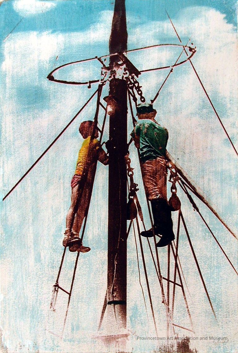 Two kids on the top of rigged ladders working on a mast