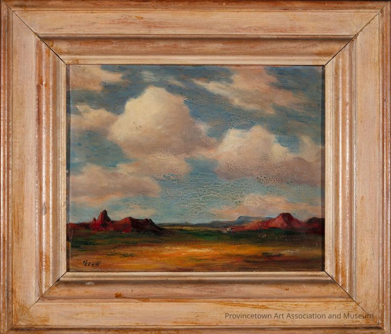 Voluminous white clouds hang over the vast landscape of the Arizona desert.