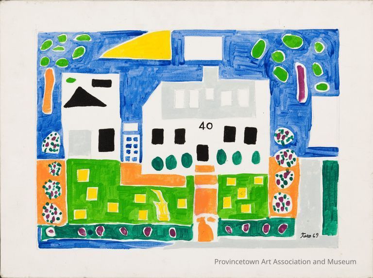 Two-dimensional colorful rendering of houses and greenery along a street