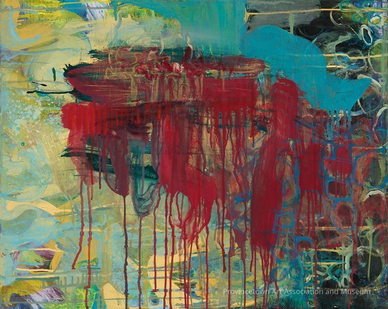 Abstract blue and yellow, red drips in front