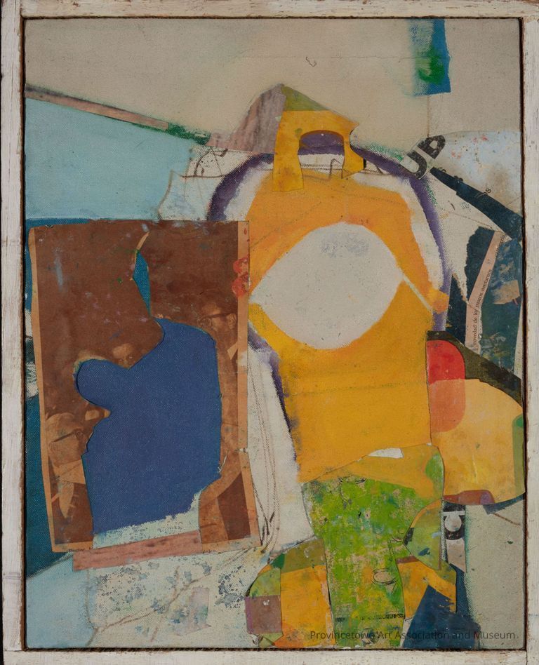 Colorful collage on canvas. Blue and white background. Brown cut paper with a cut out. Yellow and green paper and paint layered.