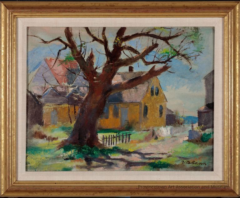 An aging tree stands on the boarder of a dirt road leading to the shore. Beside it, a picket fence sections the green yard of a warm yellow cottage. Neighboring the cottage, the red roofs and the white siding of fellow homes frame the image, indicating community beyond the shade of the great tree.