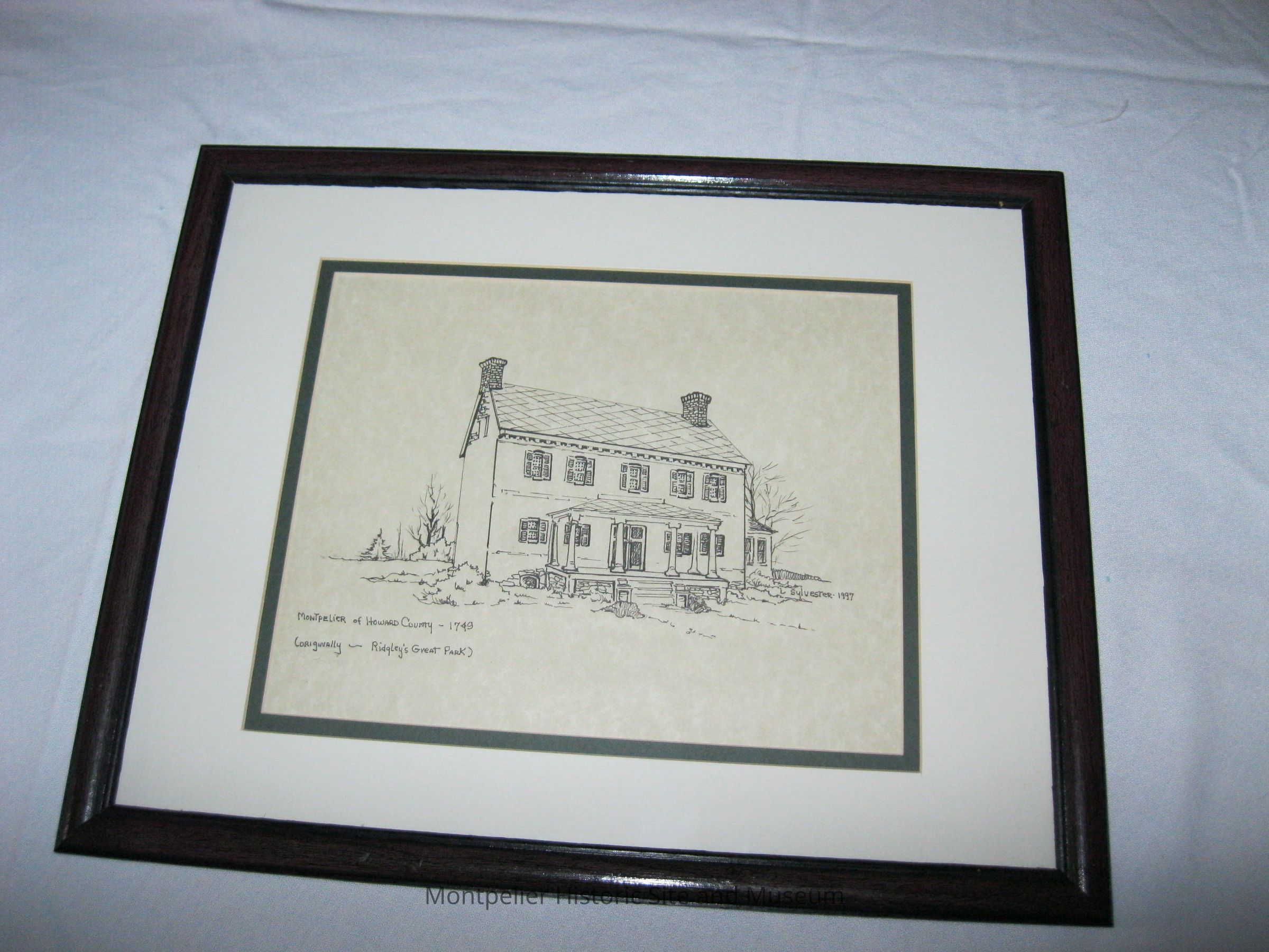 Montpelier of Howard County-: with some trees in the background. The paper is lightly marbled sepia in color. On the bottom left side it reads: "Montpelier of Howard County--1749 (Originally--Ridgley's Great Park)" On bottom right side it reads: "I. Sylvester--1997" Double matted with a 1/4" green interior mat visible with a 1.25 to 1.75 wide white overlay mat. Frame is made of painted wood.